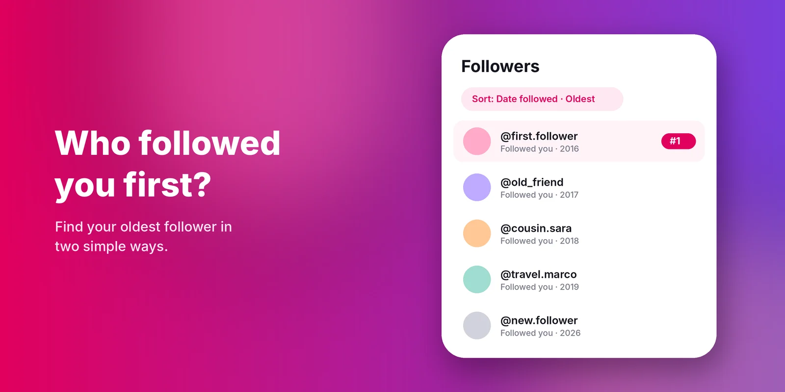 Instagram followers list sorted by date followed, oldest first, with the first follower at the top