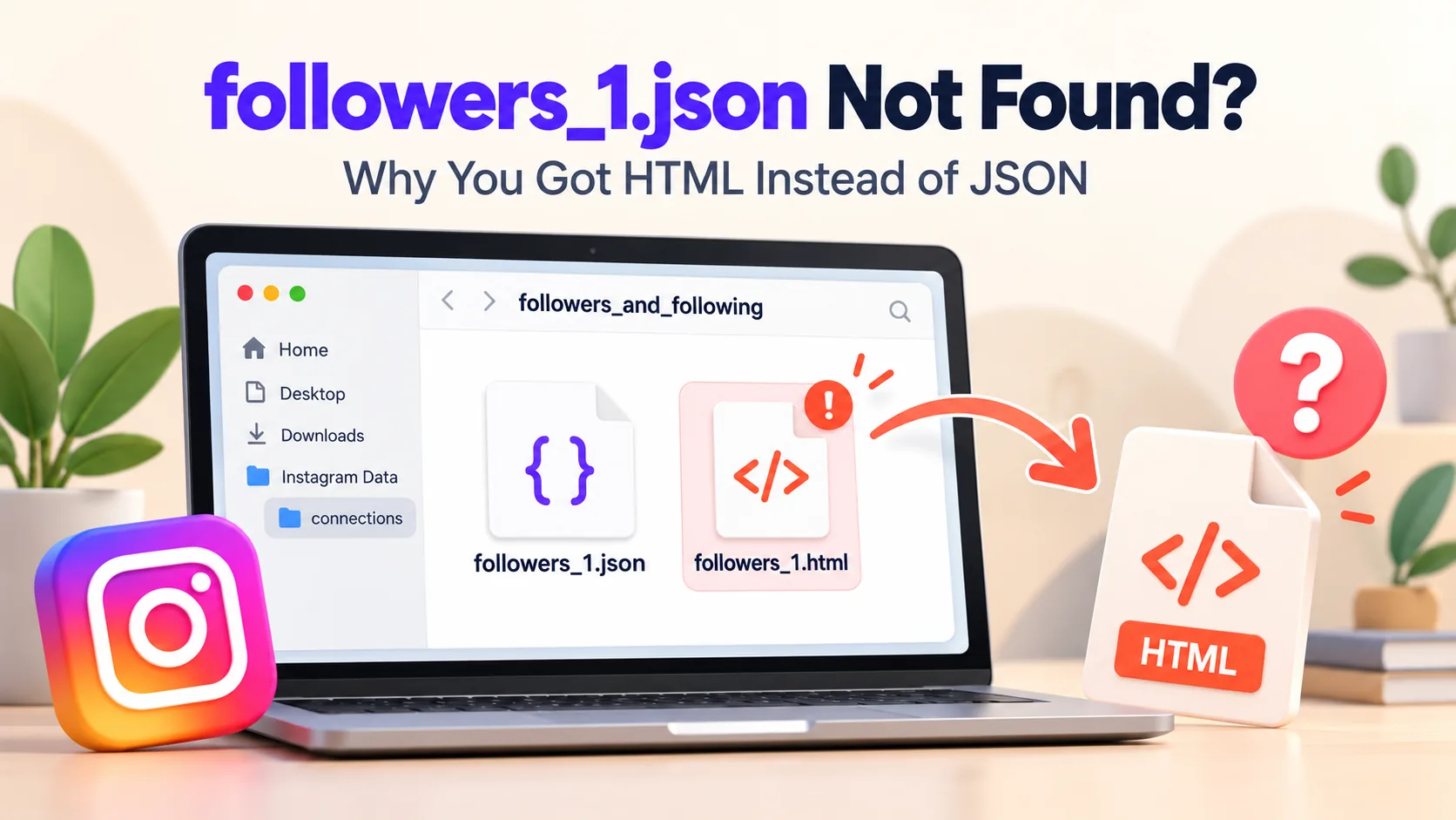 Instagram export folder showing followers_1.html next to followers_1.json, with a warning that the file is HTML instead of JSON