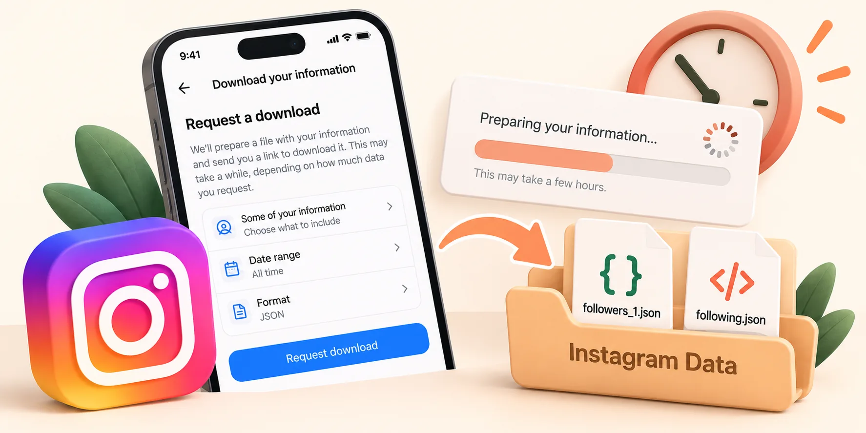 Instagram Download your information screen with a Preparing your information progress bar and followers_1.json and following.json files