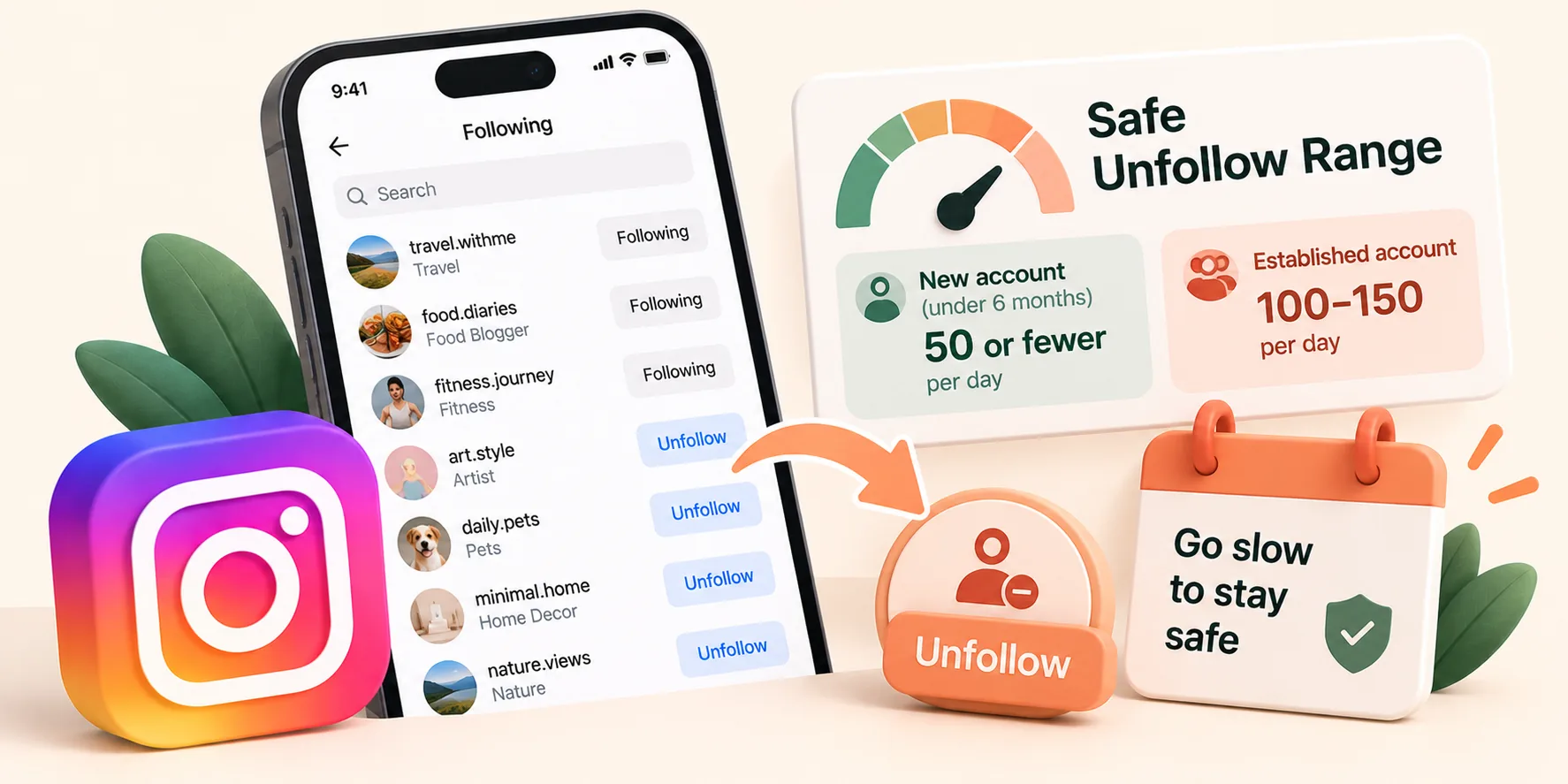Safe Instagram unfollow range: 50 or fewer per day for new accounts and 100-150 per day for established accounts