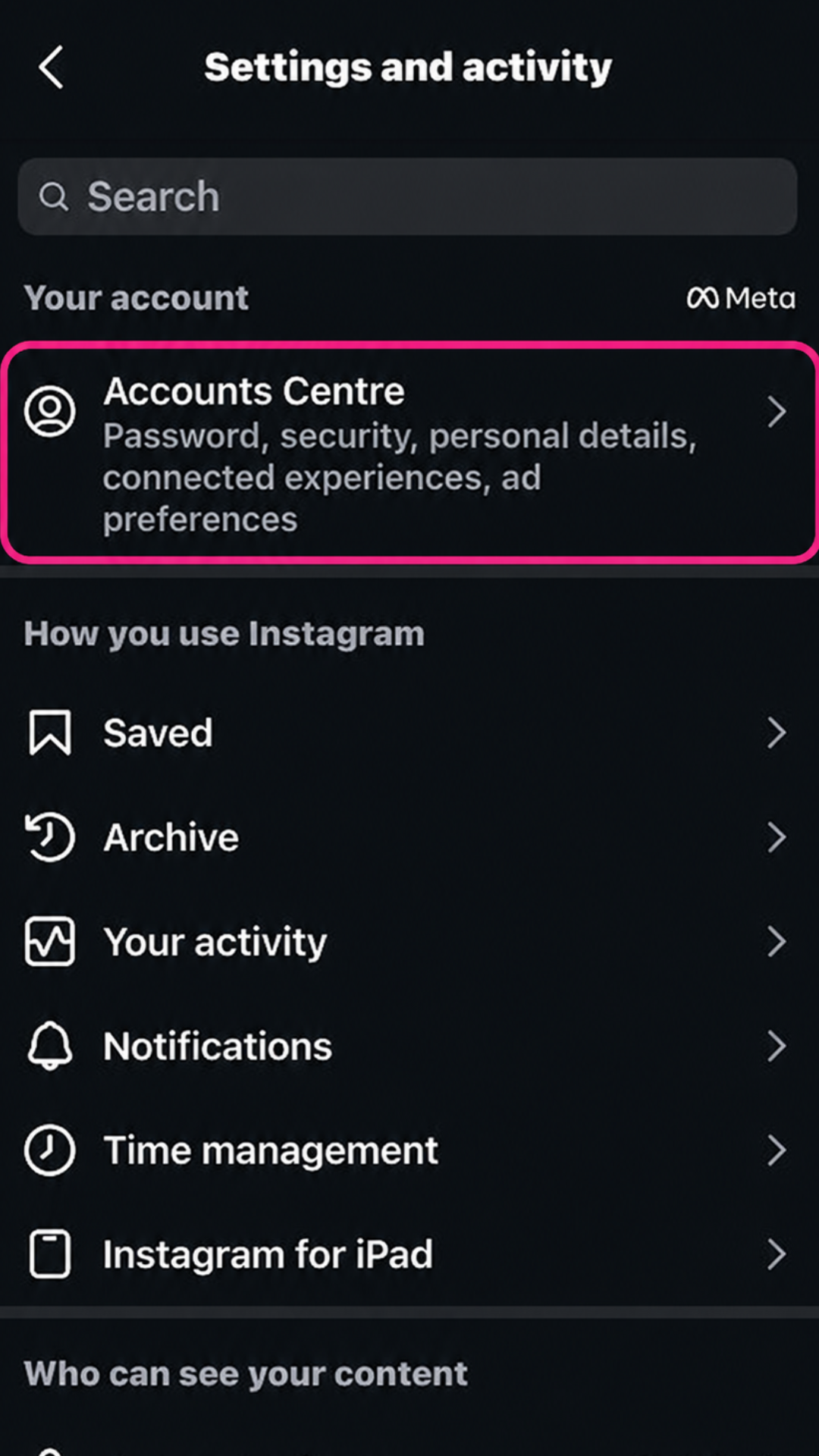 Instagram Settings and privacy menu