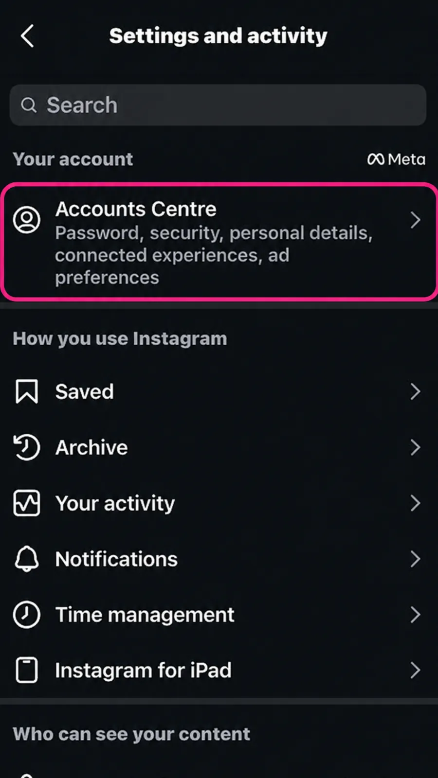 Instagram Settings and privacy menu