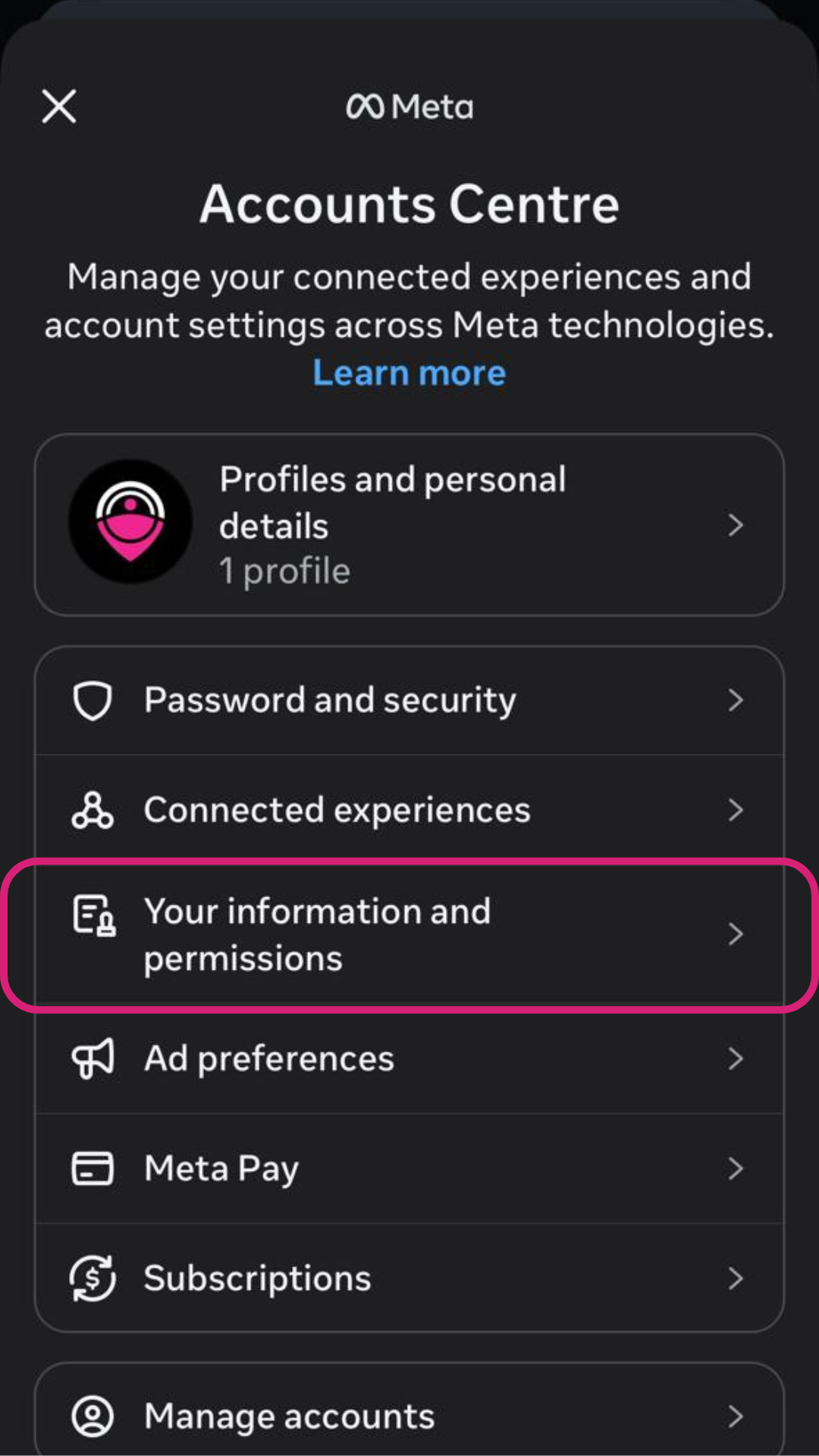 Instagram Accounts Centre - Your information and permissions