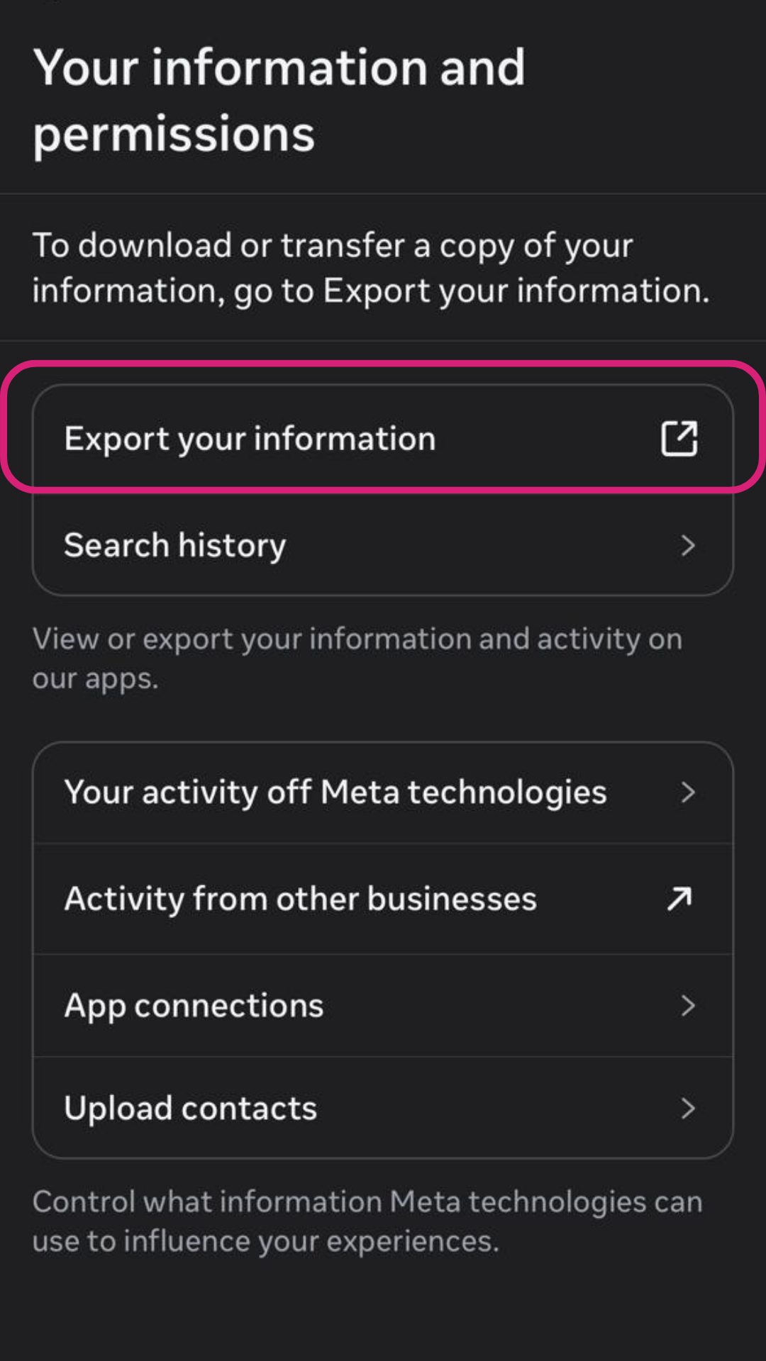 Instagram Download your information button