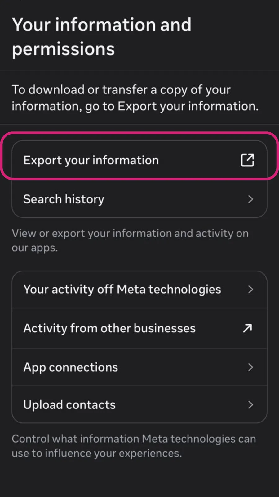Instagram Download your information button