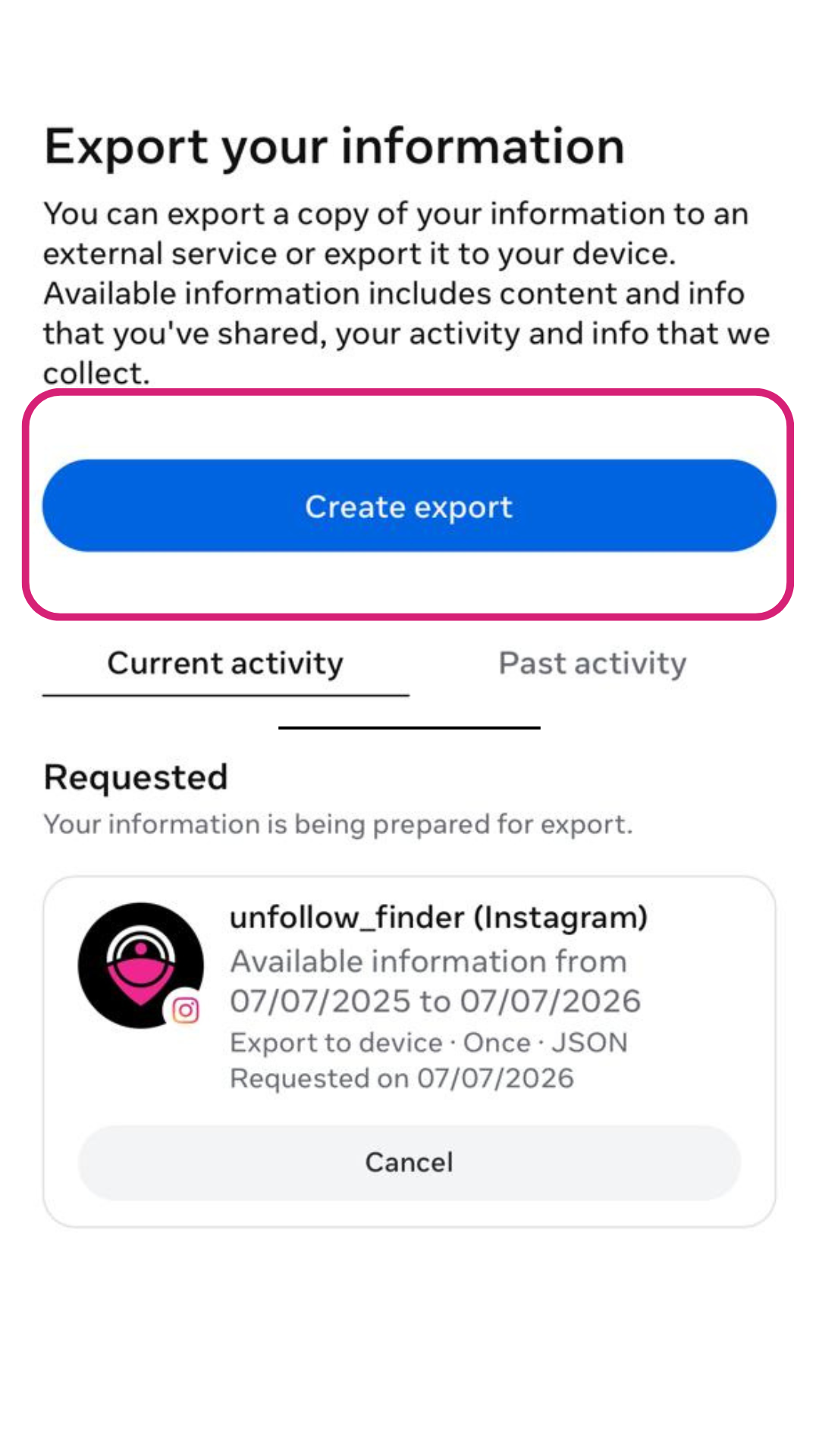 Choose JSON format for Instagram data download