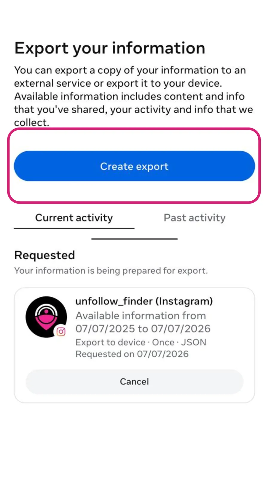 Choose JSON format for Instagram data download