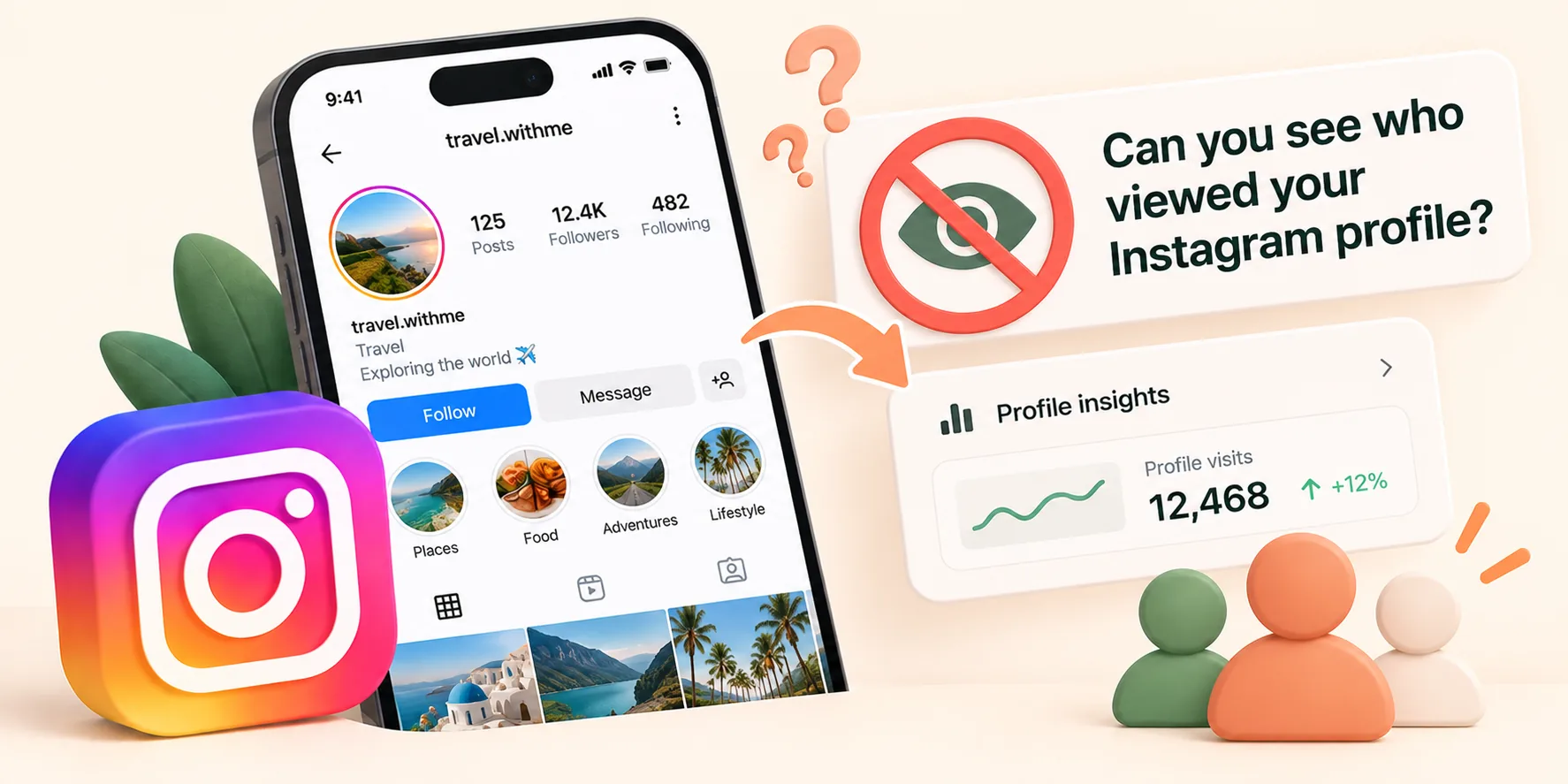 Instagram profile next to a crossed-out eye icon asking whether you can see who viewed your profile, with a profile visits insights card